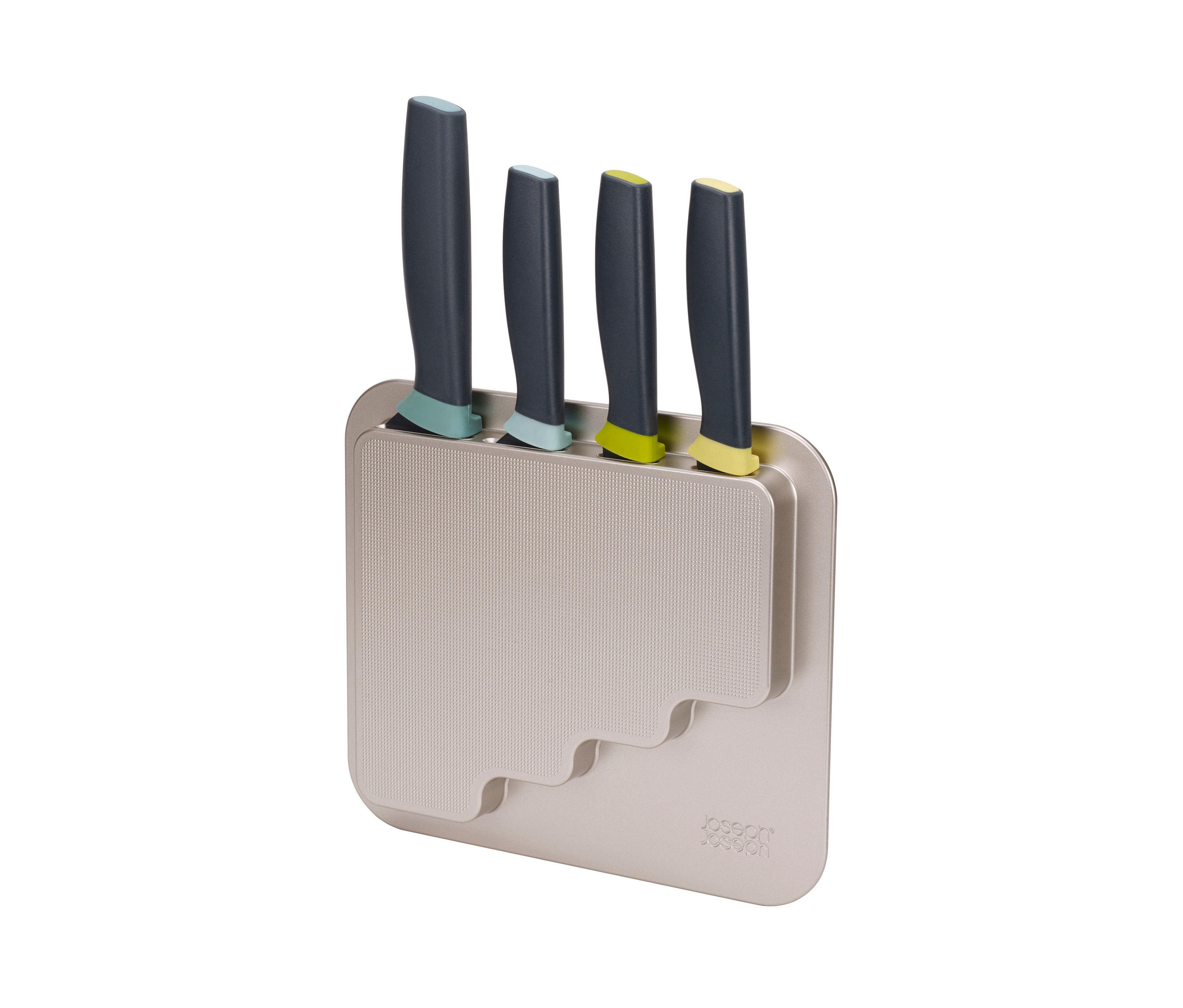 Ein Joseph Joseph 4-teiliges Messerset »DoorStore™« in einem grauen Block.