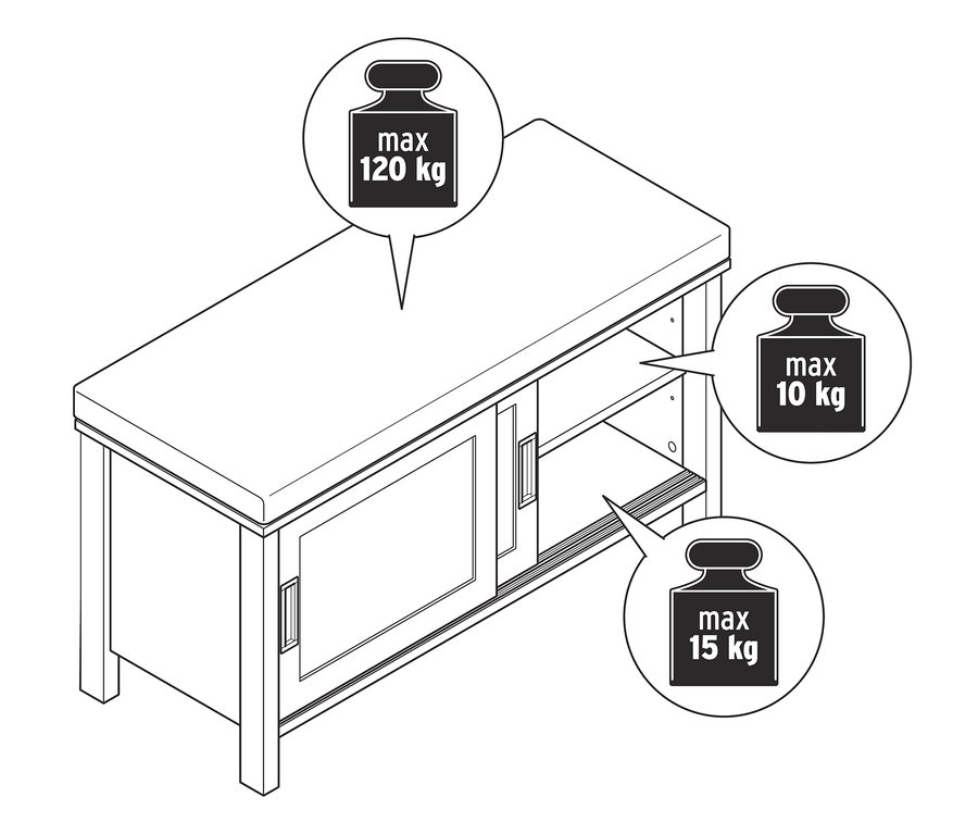 Illustration einer Sitzbank »Clara« mit Fach und Gewichtsbeschränkungen.