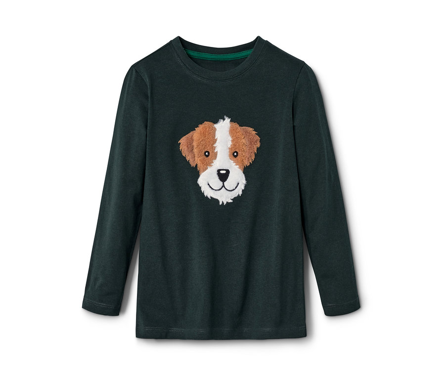 Dunkelgrünes Kleinkinder-Langarmshirt mit Hundekopf-Applikation.