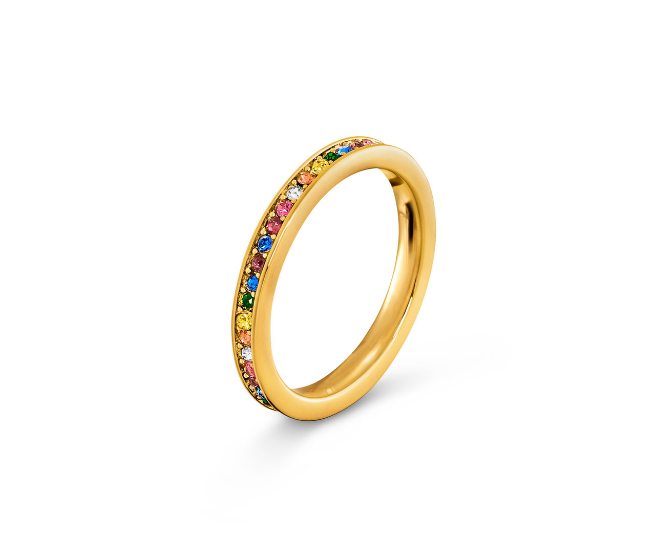 Goldener Ring Memory Multicolor mit bunten Steinen.