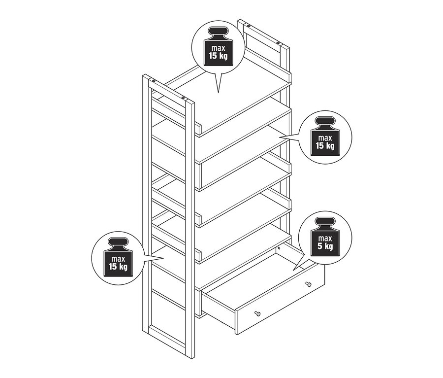 Eine Zeichnung von einem Regal aus Eichenholz mit fünf Regalböden und einer Schublade.