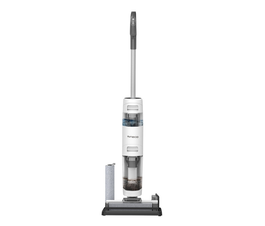 Eine Frontalansicht des weißen Tineco Nass- und Trockensaugers iFloor Breeze Essentials vor einem weißen Hintergrund.