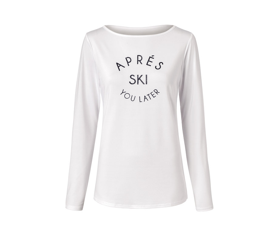 Weißes Funktionsshirt mit langen Ärmeln und schwarzem Aufdruck.