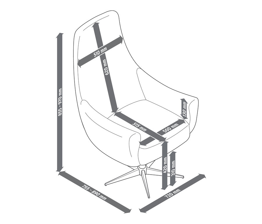 Abbildung eines Design-Sessels mit Bemaßung.