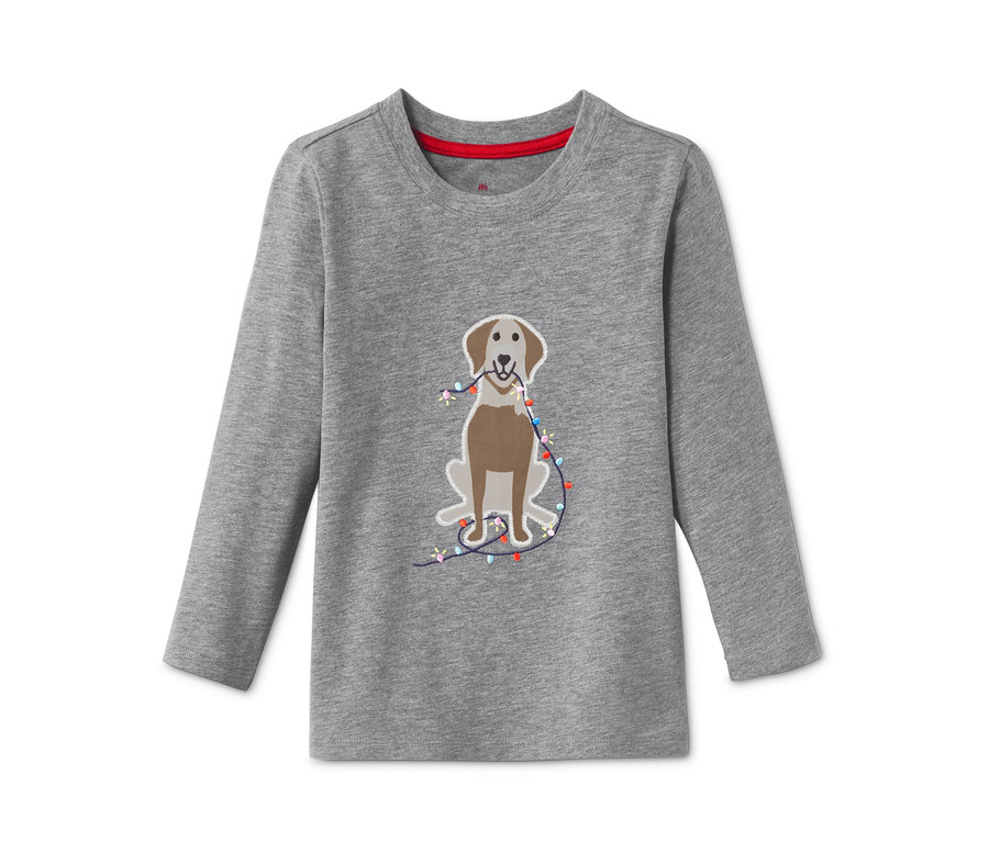 Graues Langarmshirt mit Hundemotiv, der eine Lichterkette im Maul hält.
