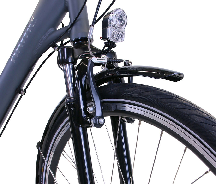 Detailaufnahme eines grauen HAWK Bikes City Wave Deluxe Plus Fahrrads mit 28-Zoll-Rädern und 46-cm-Rahmen.