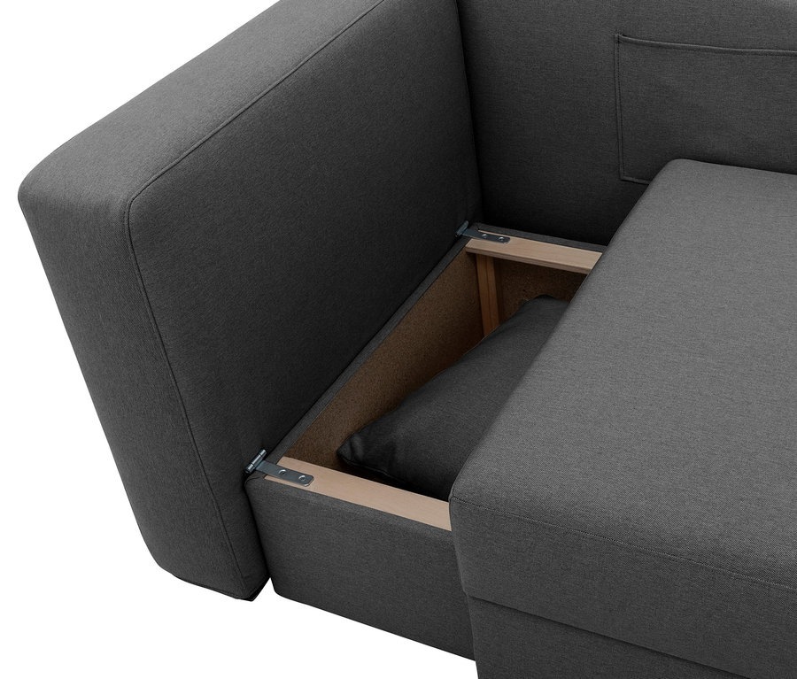 Detailansicht der anthrazitfarbenen Polsterliege »Tobi« mit Stauraum und klappbarer Rückenlehne links.