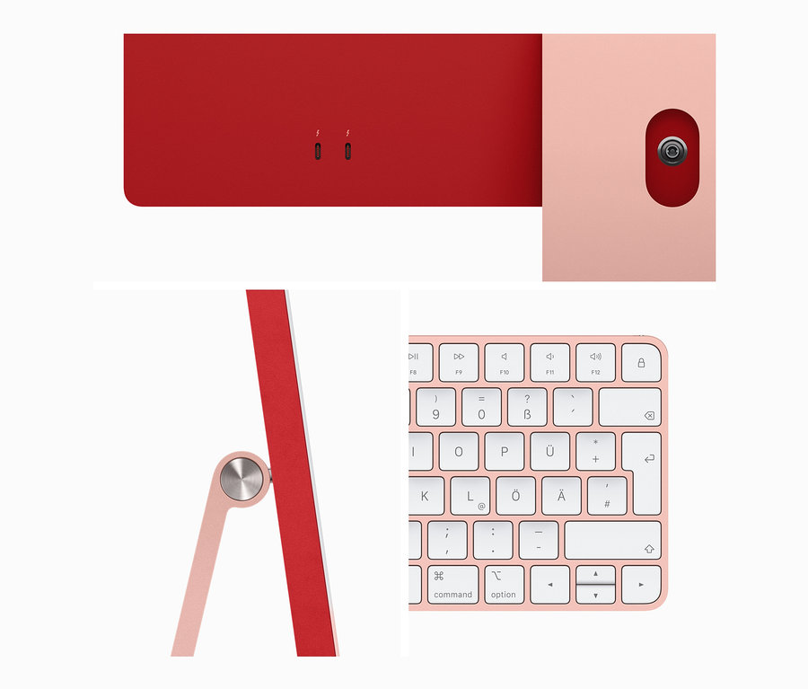 Detailansicht eines rosafarbenen Apple iMac 24" M3 mit Tastatur.