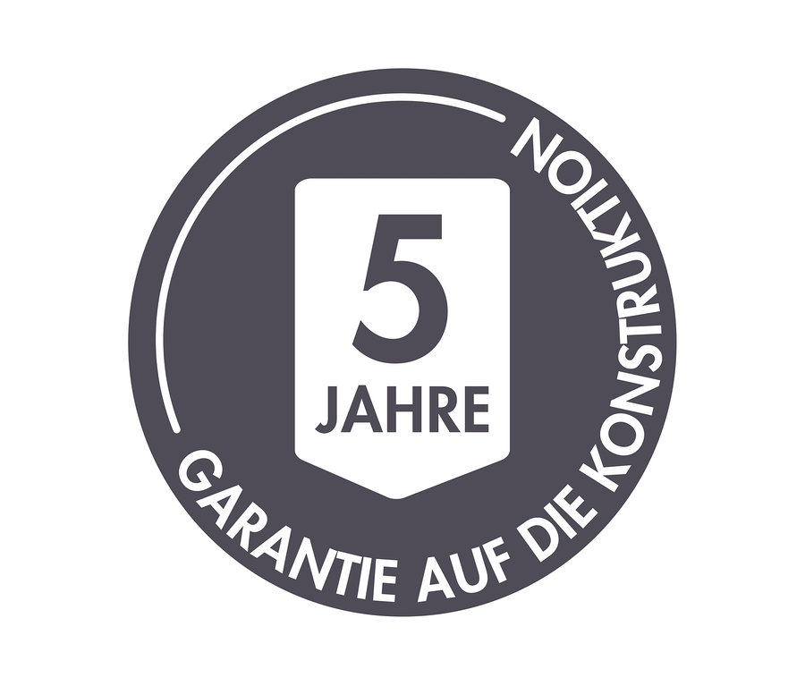 Graues, rundes Logo mit der Zahl 5 und dem Wort 'Jahre' in einem weißen Schild, umgeben von dem Text 'Garantie auf die Konstruktion'.
