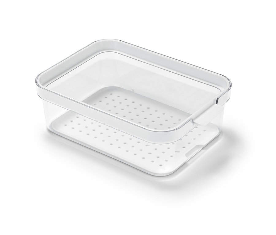 Eine durchsichtige Kühlschrankordnungsbox mit einem weißen Abtropfeinsatz, 3 Stück