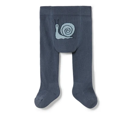 Blaue Baby-Strumpfhose mit hellblauem Schneckenmuster am Bauch.