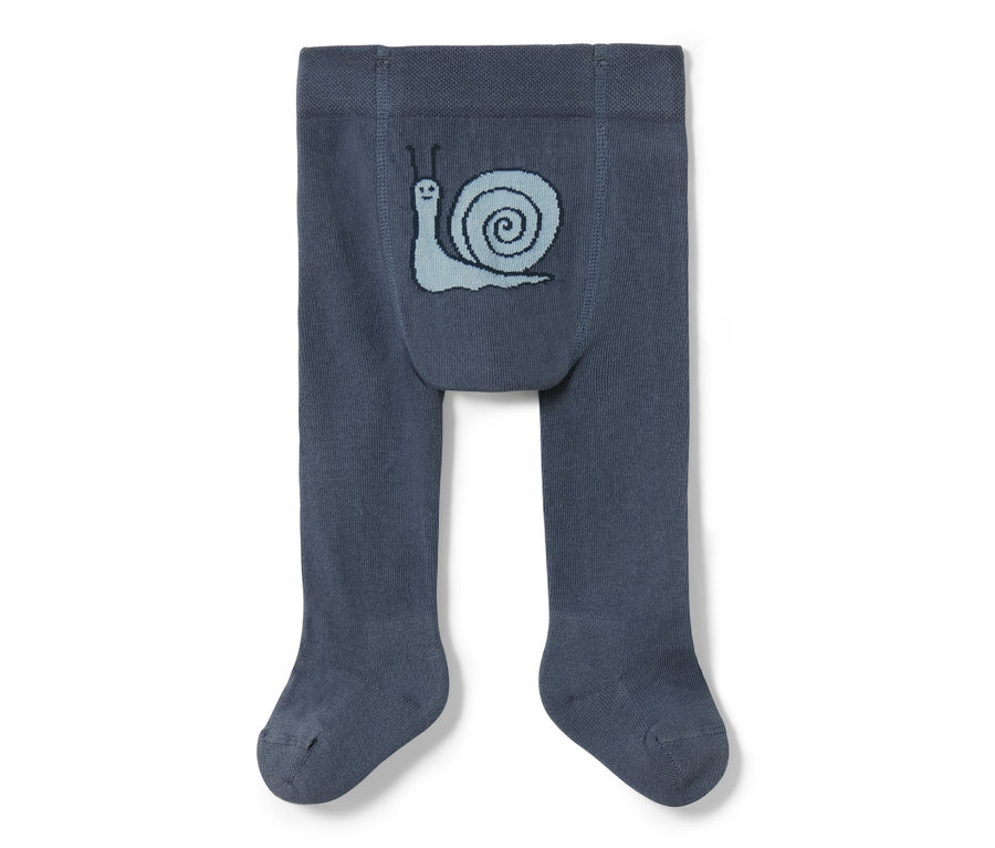 Blaue Baby-Strumpfhose mit hellblauem Schneckenmuster am Bauch.