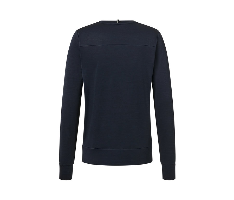 Ein marineblaues Funktions-Sweatshirt, von hinten gezeigt.