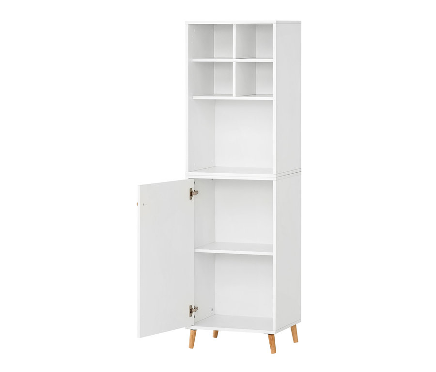 Weißes Regal mit offenen Fächern und einem Schrank mit offener Tür. Sichtbar ist ein 3-teiliges Büromöbel-Set »Serie 500«.
