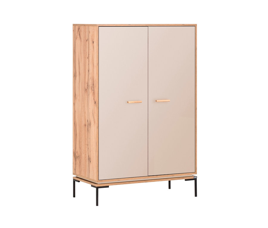 Ein beiges LOOKS by Wolfgang Joop Highboard mit zwei Türen und Holzmaserung an den Seiten steht auf schwarzen Füßen.