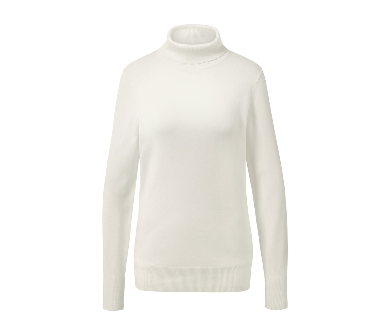 Cremeweißer Feinstrick-Rollkragenpullover.