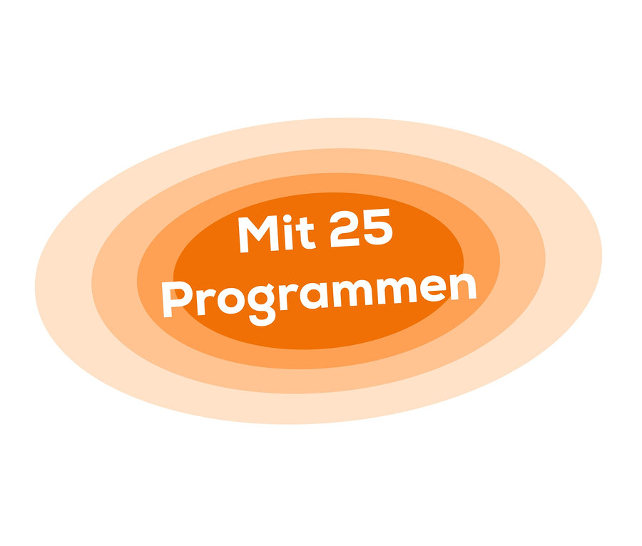 Orangefarbenes, ovales Logo mit der Aufschrift "Mit 25 Programmen" in Weiß.