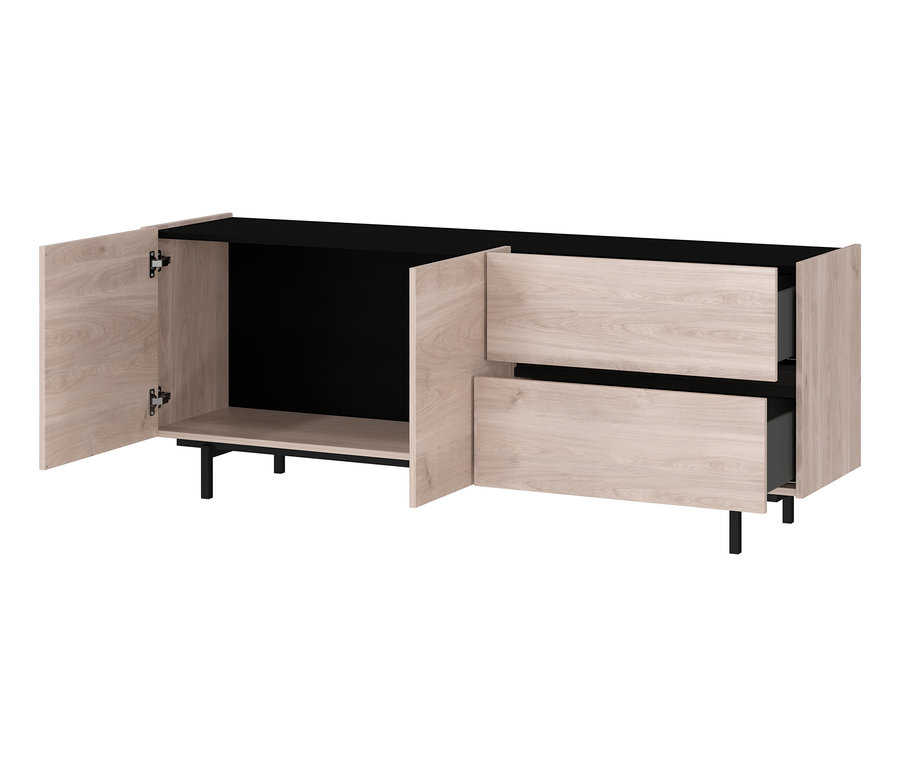 Lowboard »Cantoria« mit offenen Türen und Schubladen.