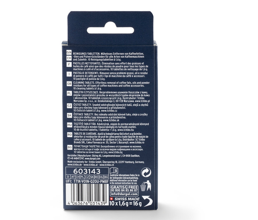 Eine Packung durgol® Reinigungstabletten für Kaffeeöle.