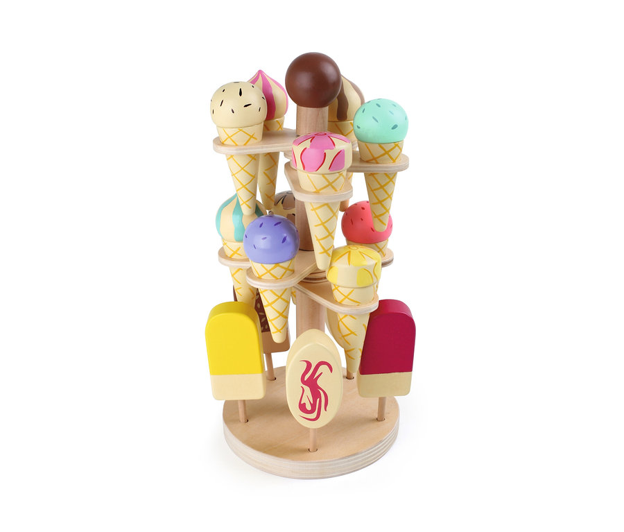Ein beweglicher small foot Eisständer mit verschiedenen Eissorten.