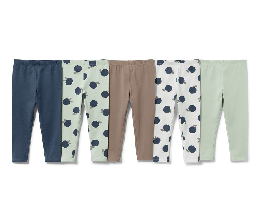 Fünf Baby-und-Kleinkind-Leggings in Blaubeerfarben.