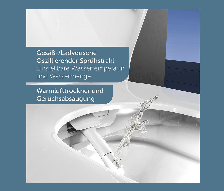 Detailansicht einer weißen Toilette mit aktiviertem Selbstreinigungsmechanismus. SCHÜTTE Dusch-WC »Cesari« ist sichtbar.