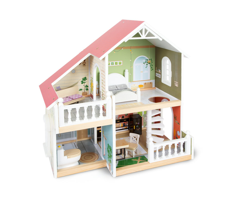 Detailansicht eines Small Foot Puppenhauses mit Dachterrasse, das mehrere Zimmer mit verschiedenen Möbeln hat.