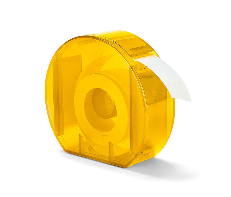 Gelber Etikettenspender mit einem weißen Etikett.