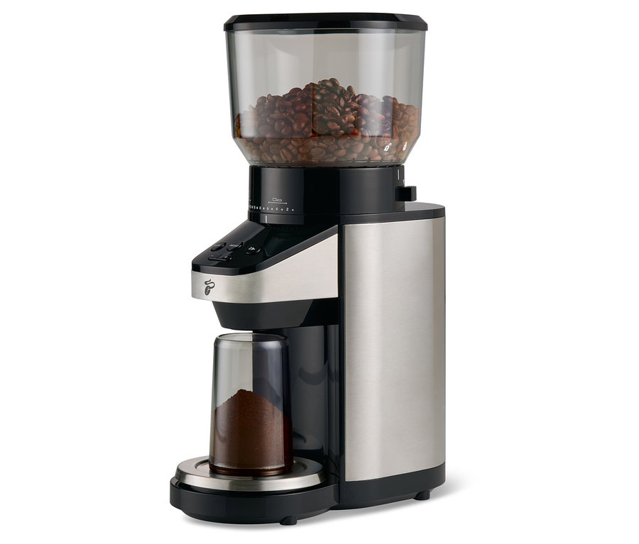 Eine elektrische Kaffeemühle mit Waage. Oben befindet sich ein Behälter mit Kaffeebohnen, unten ein Behälter mit gemahlenem Kaffee.