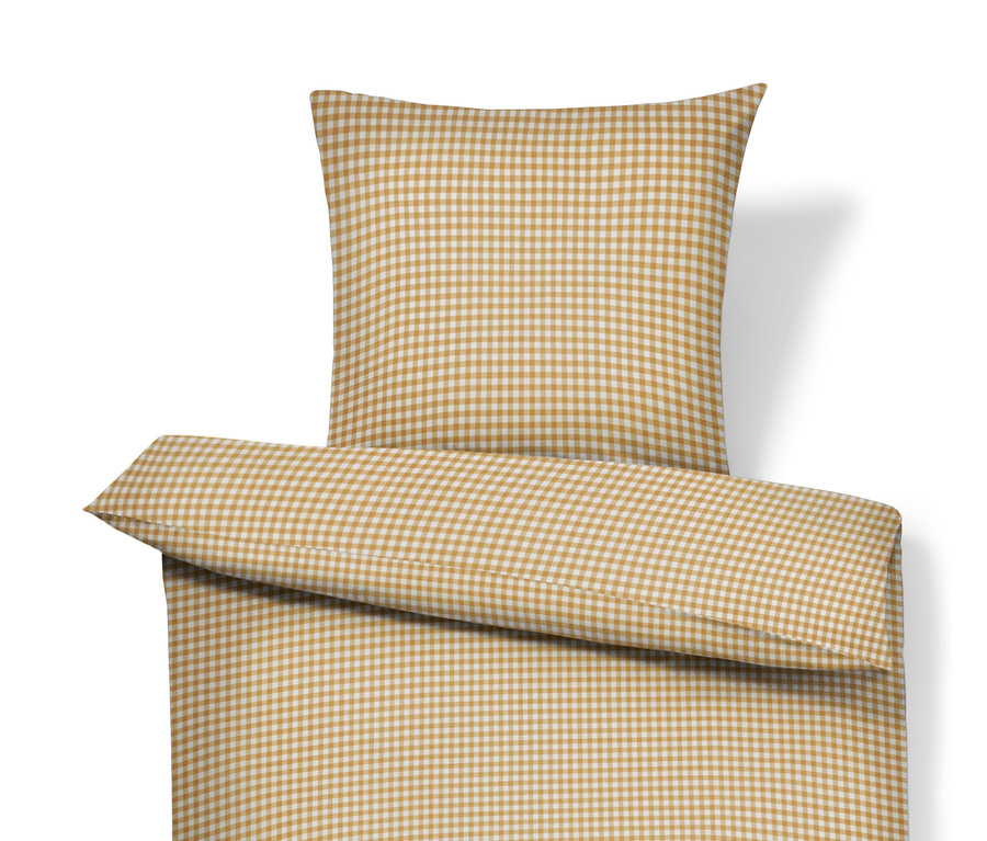 Beige karierte Renforcé-Bettwäsche Normalgröße mit Kopfkissen und Bettbezug.