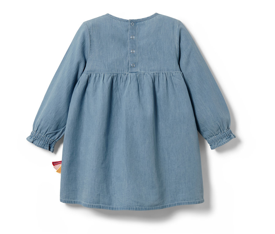 Blaues Kinder-Chambray-Kleid mit langen Ärmeln und Knöpfen auf der Rückseite.