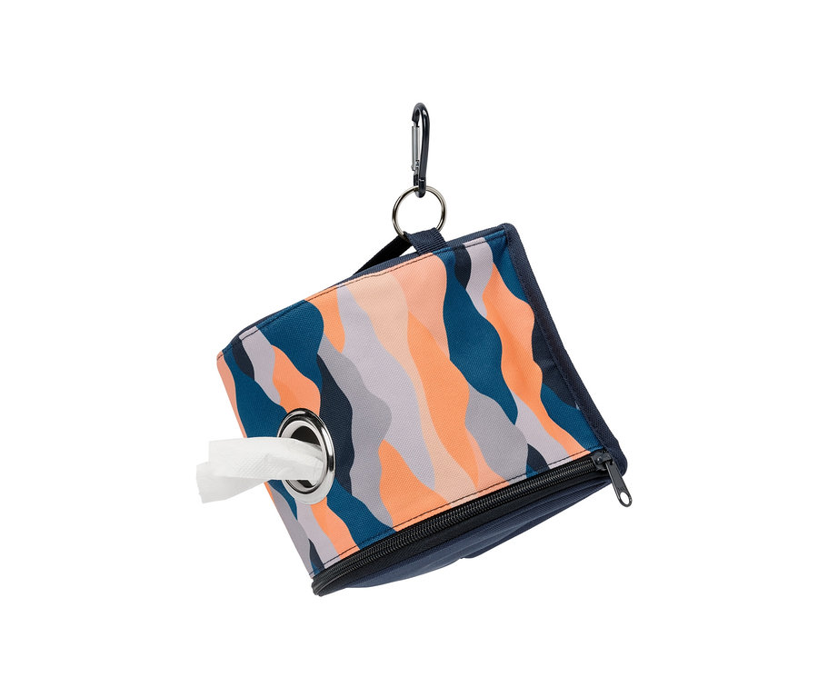Toilettenpapier-Spender mit gewelltem Muster in Blau, Grau und Orange.