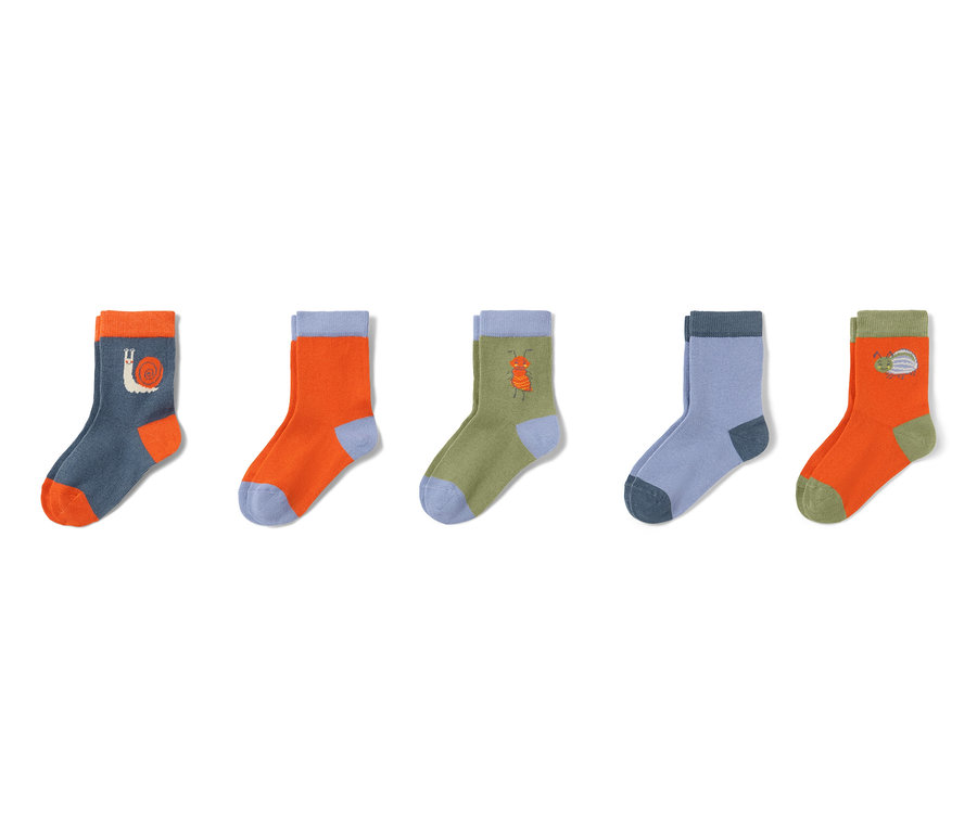 Fünf Paar Kinder-Socken mit Tiermotiven.