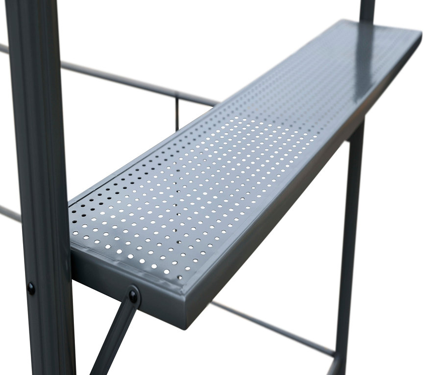 Detailaufnahme eines grauen Profi-Grillpavillons, XXL, mit perforiertem Regal.