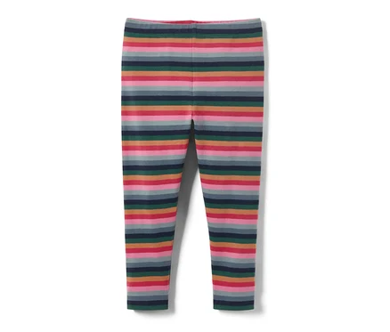 Angeraute Kleinkind-Leggings mit horizontalen Streifen in verschiedenen Farben.