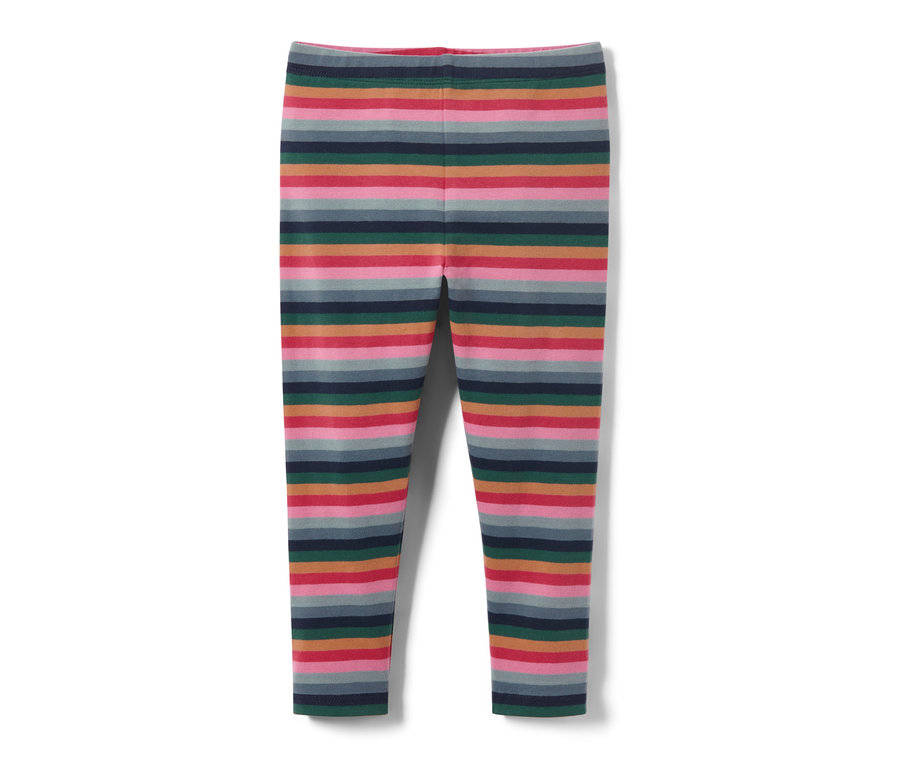 Angeraute Kleinkind-Leggings mit horizontalen Streifen in verschiedenen Farben.