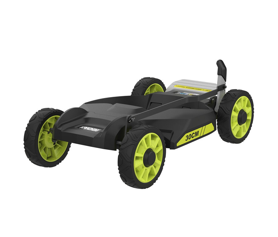Detailaufnahme eines RYOBI 18 V One+ Akku-City-Rasenmähers mit schwarzem Gehäuse und gelben Rädern.