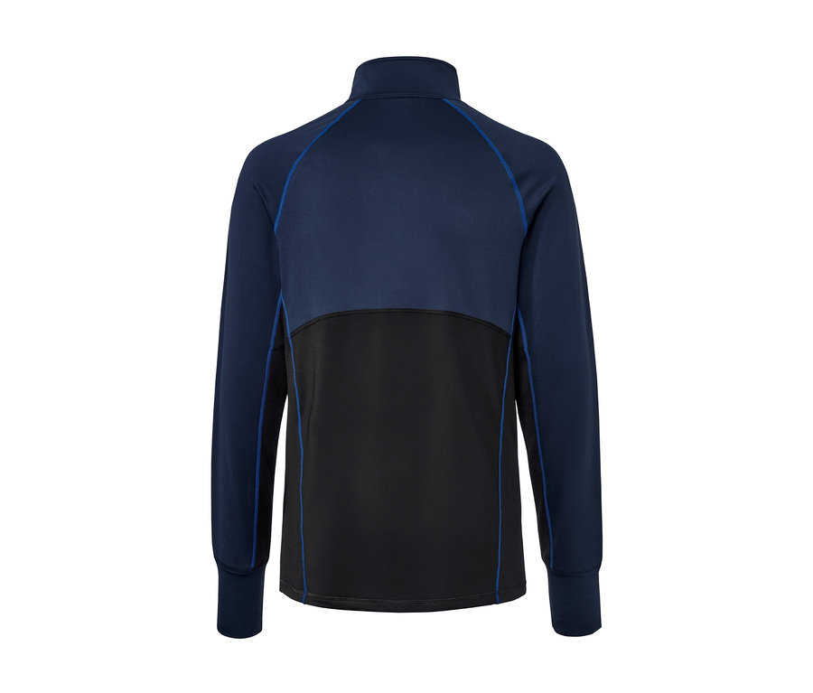 Nahaufnahme eines marineblau-schwarzen Thermo-Funktionsshirts.