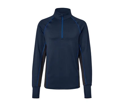 Dunkelblaues Thermo-Funktionsshirt mit langen Ärmeln und Reißverschluss.