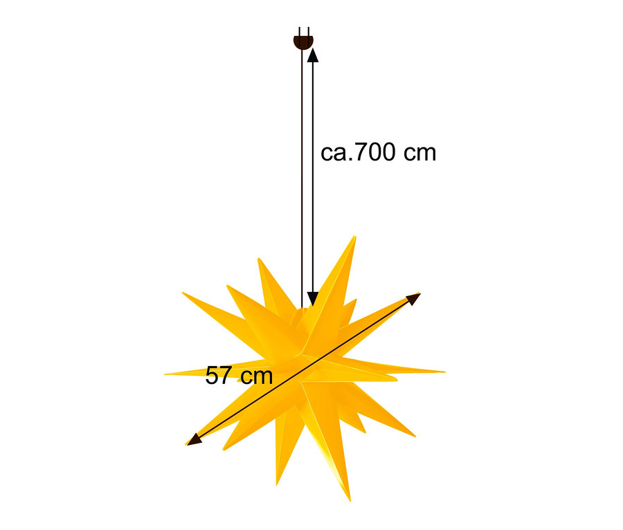 Ein gelber AMARE LED-Stern mit 57 cm Durchmesser hängt an einem Kabel.