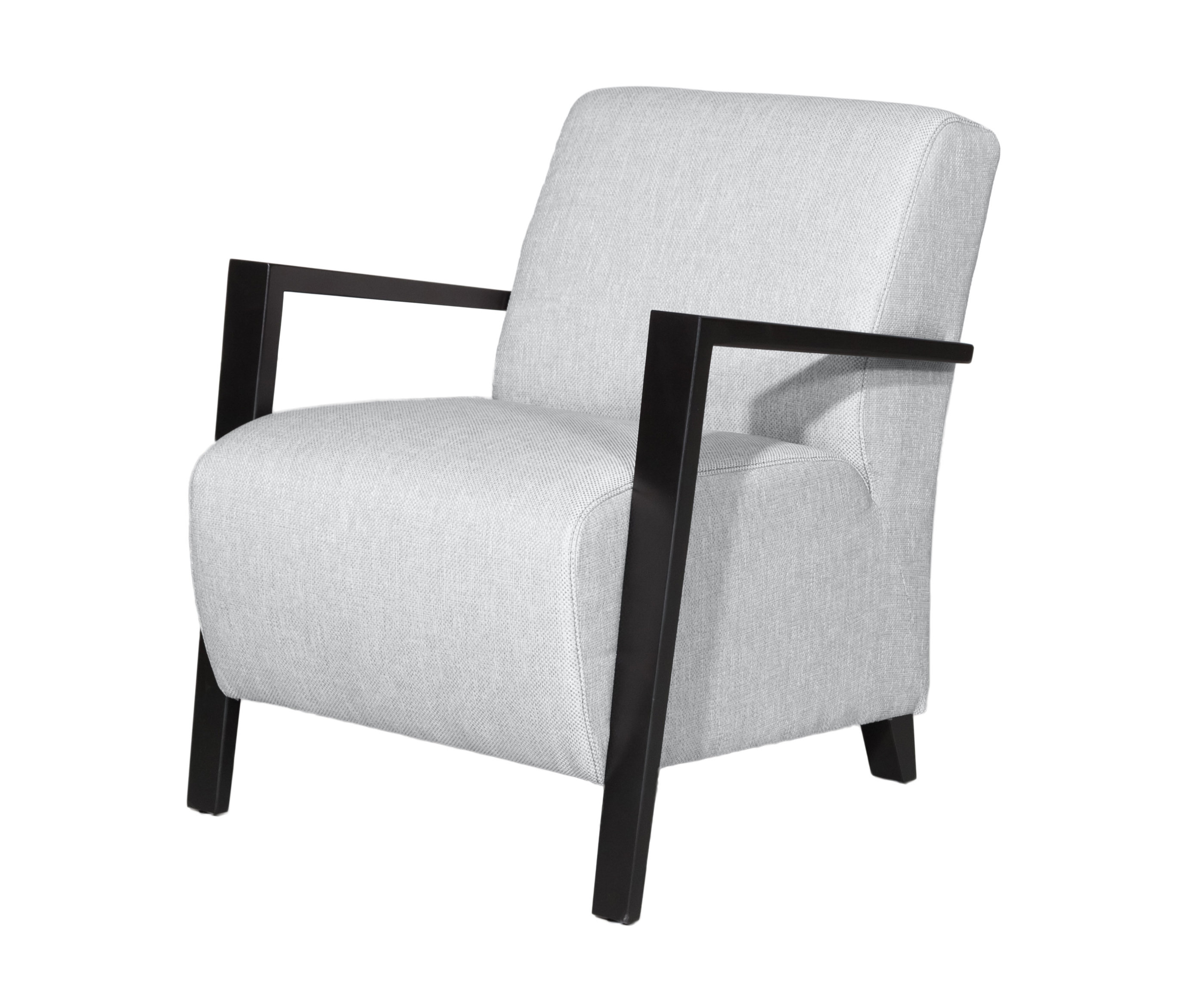 Hellgrauer Sessel »Lars« TBB39 mit dunklen Holzarmlehnen.