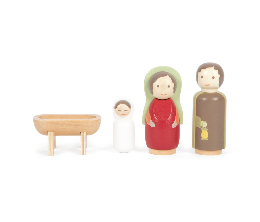 small foot Spiel-Set »Weihnachtskrippe« aus Holz mit Krippe und vier Figuren auf weißem Hintergrund.