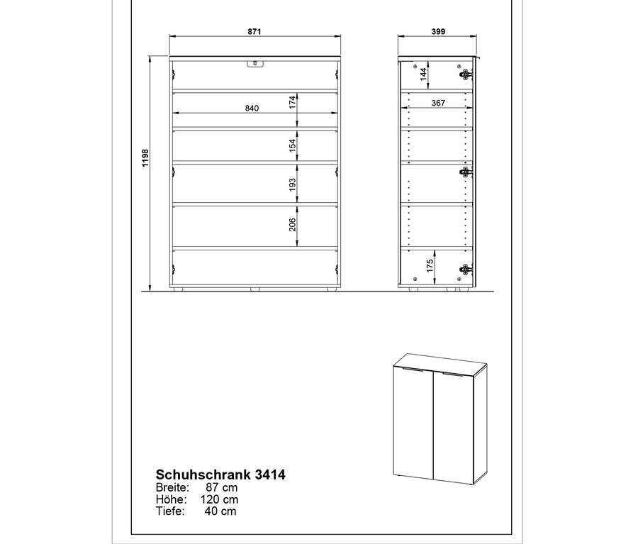 Diagramm des Schuhschranks Nordlia mit Abmessungen.