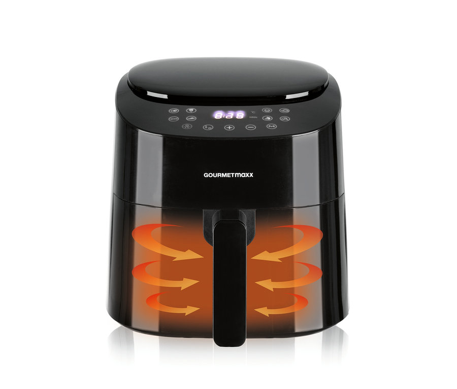 Eine schwarze, digitale Heißluftfritteuse vor einem weißen Hintergrund.