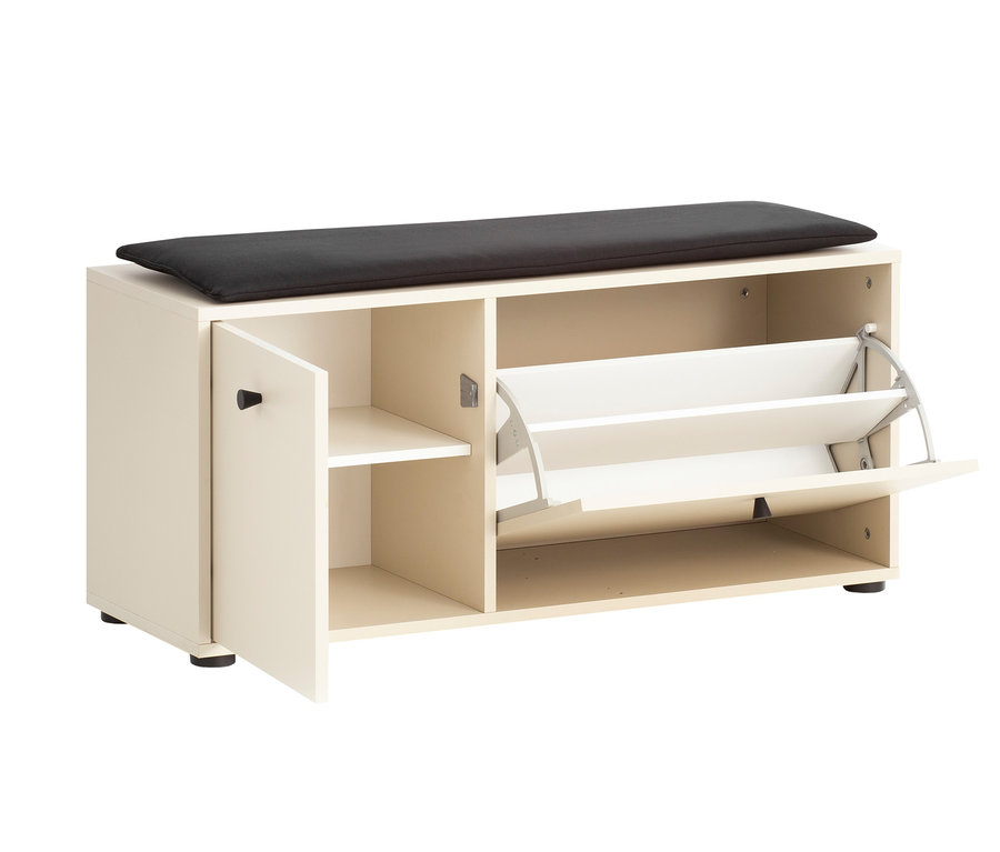 Beige Schuhbank »Lovund« mit schwarzem Sitzkissen, eine Tür geöffnet.
