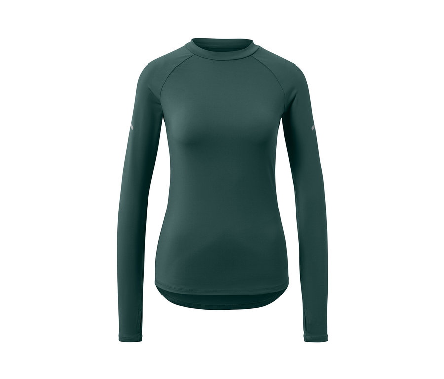 Dunkelgrünes Langarm-Funktionsshirt.