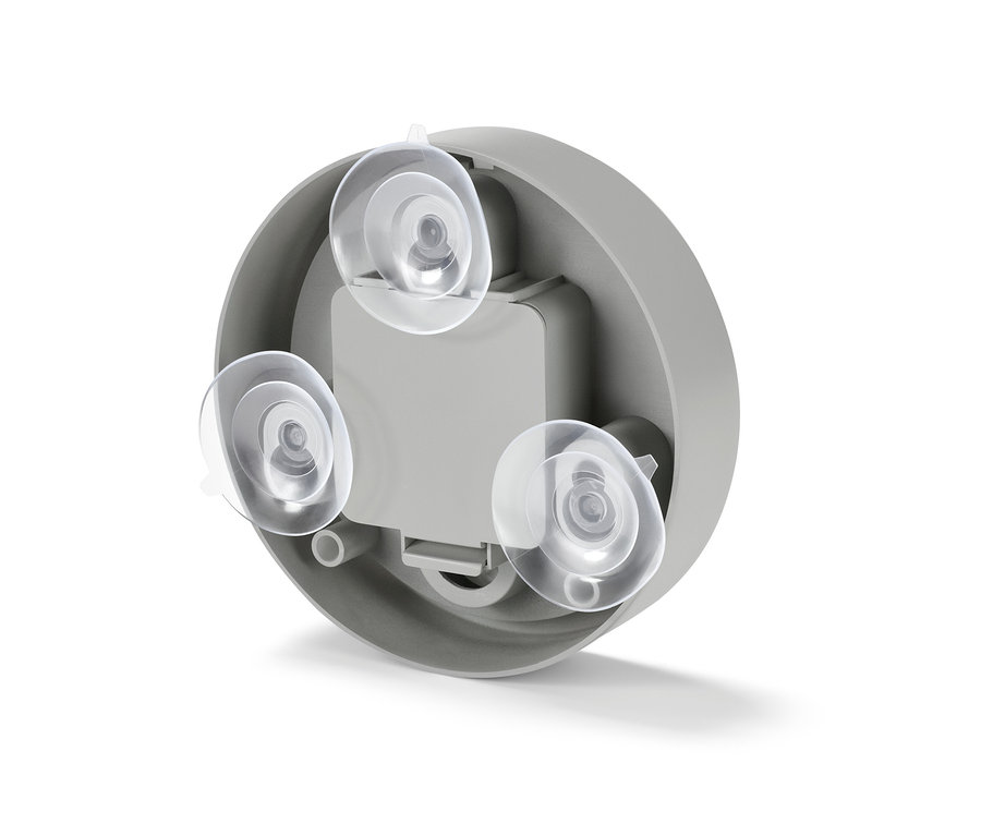 Detail einer Funk-Badwanduhr mit Thermometer.