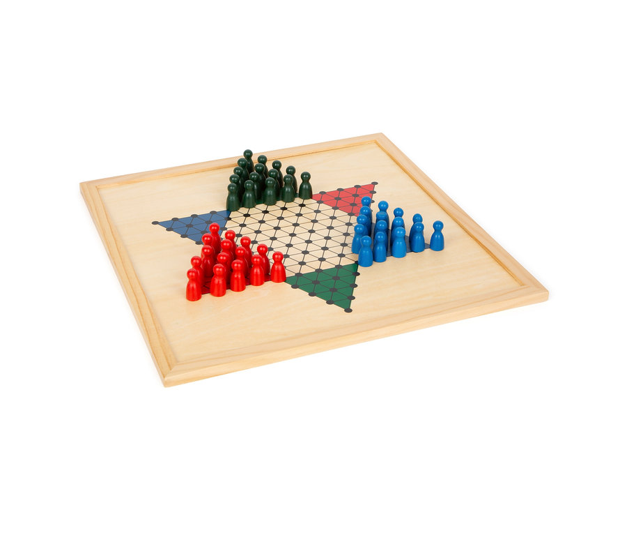 Chinesisches Halma-Spiel mit roten, blauen und grünen Stiften auf einem hölzernen Spielbrett, von small foot Spielesammlung, 20 Klassiker.