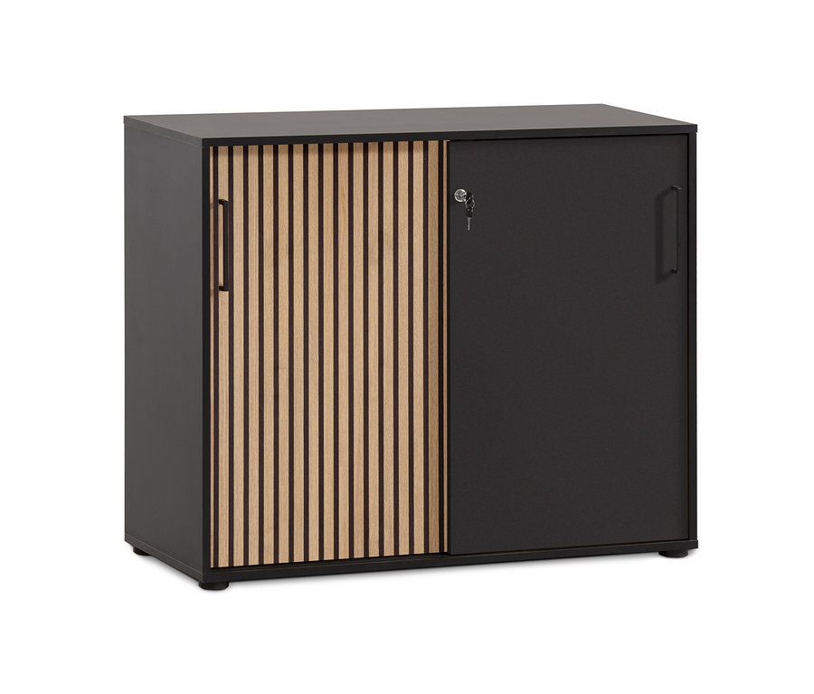 Ein schwarzer Aktenschrank »Hank« mit Lamellentür auf der einen Seite und einem Schlüssel im Schloss auf der anderen Seite.