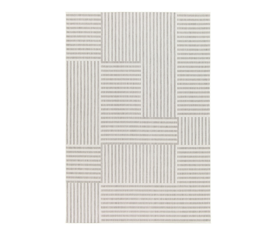 Textur eines grau-weißen Outdoor-Teppichs »Lines« mit geometrischem Muster.